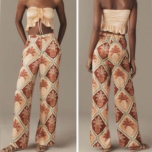 NWT Farm Rio X Anthropologie  Pineapple Satin Wide-Leg Pants Women’s L MSRP $188